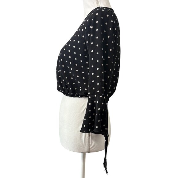 Black Polka Dot Wrap Crop Top Blouse W/ Ruffled Bell Sleeves By Clé Luv- Size S - Picture 2 of 13